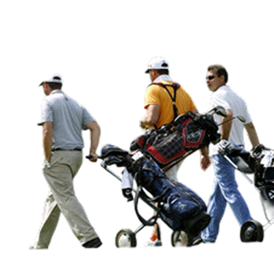ゴルフバッグを押す人々